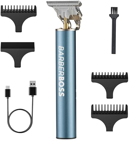 Barberboss Cordless Beard & Hair Trimmer for Men T-Blade Groomer with USB Charging, 3 Length Combs & 0.1mm Precision Blade for Face, Hairline & Detail Styling (Metal Blue)