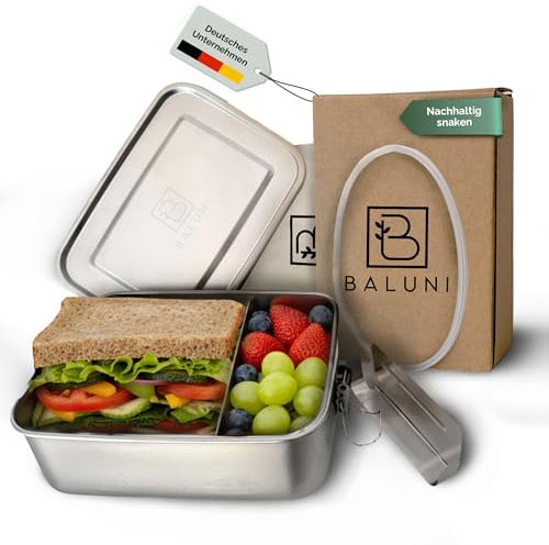Baluni® Premium Edelstahl Brotdose mit Trenner und Ersatzdichtung 850 ml | Nachhaltig & plastikfrei, auslaufsicher, Ersatzdichtung & Beutel - Schule, Arbeit & Outdoor