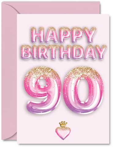 90th Birthday Cards for Women and Men, Pink & Purple Glitter Balloons | Happy Birthday Card for 90 Year Old Man Woman Auntie Uncle Grandad Nanny, A5 Bday Greeting Cards