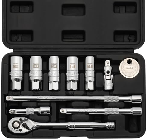 TecoTek 11-Piece Spark Plug Socket Set with 3/8 Inch Drive Ratchet Handle, Spark Plug Gapper, Universal Joint and Extension Bar, SAE & Metric, 5/8-inch, 3/4-inch, 13/16-inch, 14mm, 18mm, CR-V Steel