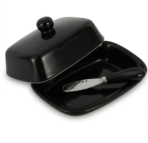 Koimiao Ceramic Butter Dish with Lid, Home Butter Dish Keeper, Ceramic Butter Container with a Butter Spatula, Porcelain Butter Storage for Countertop, Dishwasher Safe (Black)