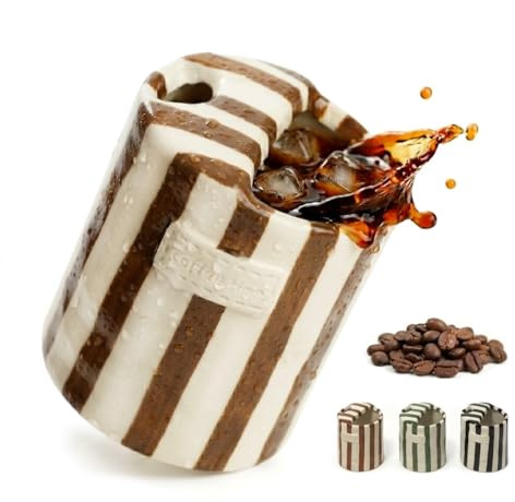 Keramik Kaffeebecher ohne Henkel 300ml, Steingut Tasse mit Streifen (Braun) | Kaffeebecher Porzellan für Matcha, Kaffee & Tee, Vintage Trinkbecher, Kaffeetasse, handbemalter Becher, Spülmaschinenfest