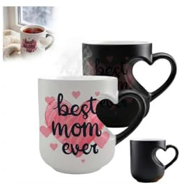 Heart-Shaped Color Changing Magic Ceramic Mug, Best Mum Ever Heart Mug, Novelty Coffee Cup with Love Hearts Handle, Inspirational Gifts for Mom Wife Grandma Mother's Day (Pink 1pcs)