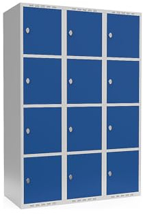 kaiserkraft | 4er-Schließfachschrank Fydor | 3 Abteile | lichtGrau/Enzianblau | B 1200 mm | Flache Dachform | Vorhängeschloss