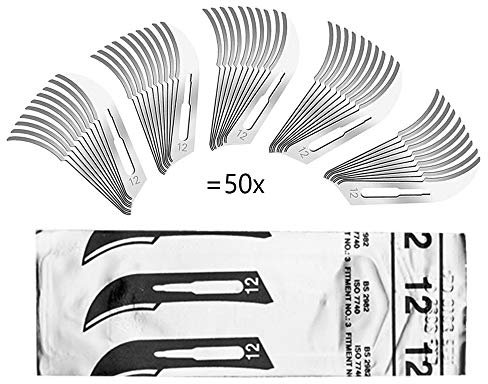 50 Stück Skalpellklingen Figur 12 aus Karbonstahl für Skalpell-Halter Nr. 3 - Ersatzklingen einzeln steril verpackt - inkl. Klingenabzieher