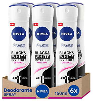 NIVEA Black & White Invisible Original Spray 6 x 150 ml, déodorant femme efficace 72 h, déodorant spray anti-transpirant contre les odeurs, la transpiration, les résidus, les irritations et les taches