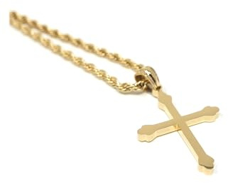 Lifetime Bling 18K Small Gold Cross Necklace Pendant Charm with 3MM Rope Chain Gift for Men Women Husband Wife Baptism Religious w/real strong Solid Clasp Fashion Jewelry