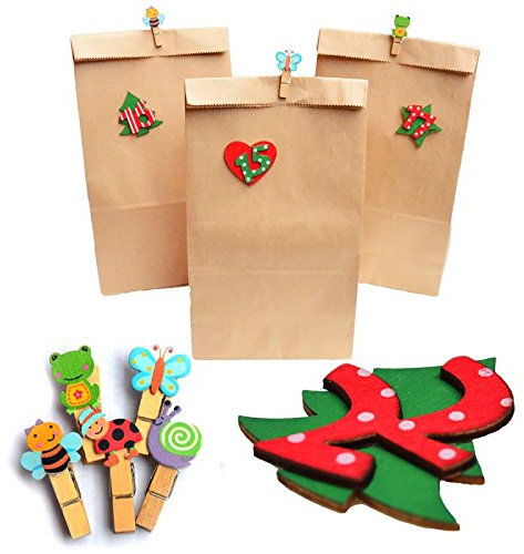 Miya 24 XL Large Kraft Paper Bags & Natural Wood Discs Numbers & Clips with Animals & Glue Dots - for DIY Crafts
