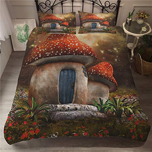 FANSU Bettwäsche-Set Bettbezug Kissenbezug, Mikrofaser Bedding Set Weich Haltbar Atmungsaktive - Pilz 3D-Druck (Pilz Haus,135x200cm(3pcs))