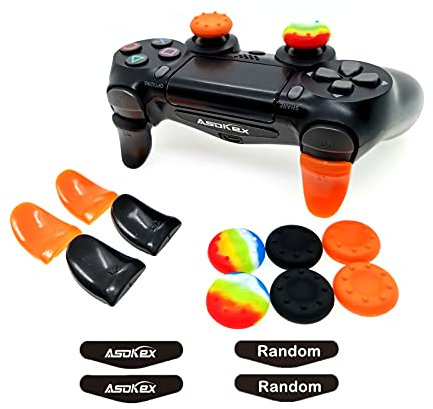 Disparadores L2 R2 PS4 (2 pares de extensores de gatillo, 6 empuñaduras de palanca, 2 pares de calcomanías de barra de luz LED) para controlador Ps4 Dualshock (negro y naranja)