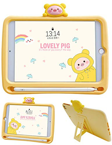 SGVAHY Funda creativa para iPad 2018, silicona suave, diseño de cerdo de dibujos animados en 3D, color amarillo con soporte a prueba de golpes, funda protectora (rosa y amarillo