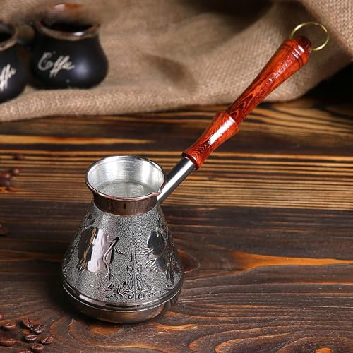 Cezve 14oz / 400ml Turkish Armenian Arabic Greek Copper Ibrik Jazva Turka Coffee Maker Stovetop Coffee Pot Wooden Handle Vintage Engraved Design