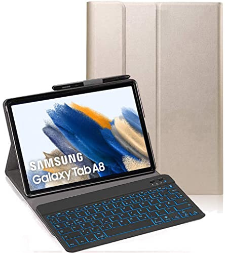 YHFZR Tastatur Hülle für Samsung Tab A8 2021, [Deutsches QWERTZ] Slim Hülle mit 7 Farben Beleuchtung Kabellose Tastatur mit Schützhülle für Samsung Galaxy Tab A8 SM-X200/205 10,5 Zoll, Gold