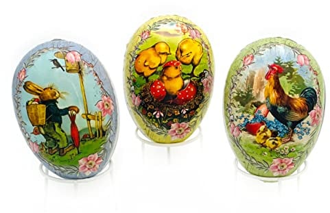 Nestler Ostereier zum Befüllen, Motiv: Osterglück, Hase, Küken, Hahn, Handgemachte Eier aus Pappe - Liebevolles Ostergeschenk (15 cm)