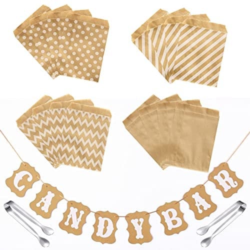 VEGCOO 100 Papiertüten Geschenktüten + Candy Bar Banner + 2 Candy Bar Tongs, Papiertüten Braunr Geschenktüte Candy Bar Tüte Candy Bar Zubehör für Kinder Geburtstag Ostern Weihnachten Geschenke