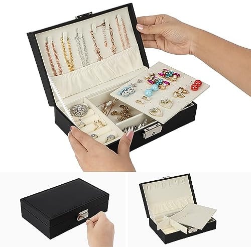 BELLE VOUS Schwarzes Kleines Schmuckkästchen mit Ohrringeinsatz und Spiegel - Abschließbares MDF-Schmuck Reise Etui - Schlitze, Haken & Beutel für Ringe, Ketten, Armbänder & Uhren