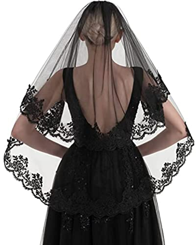 RUNRAYAY Schwarzer Spitzenschleier, Halloween Schleier Vintage Beerdigung Schleier Halloween Hochzeit Schleier 2 Tier mit Kamm für Kostüm Cosplay Day Of The Dead