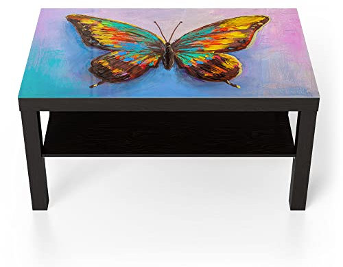 DEQORI Glastisch | schwarz groß 90x50 cm | Motiv Bunter Schmetterling | ausgefallener Beistelltisch aus Glas | Hochglanz Couchtisch fürs Wohnzimmer | moderner Couch Tisch mit Design
