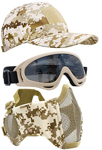 Yzpacc Airsoft Half Face Maske mit Brille Hut Set Taktische Masken Full Face Ohr Protective Baseball Cap für CS Halloween und Cosplay Game (D)