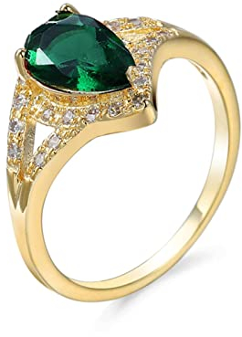 Bishilin Frauen Ring mit Stein, Damen Ringe Vergoldet Tropfen mit Grün Zirkonia Eheringe Hochzeit Ring Gold Gr.54 (17.2)
