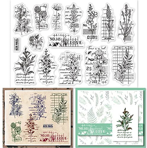 GLOBLELAND Klare Stempel Mit Vintage-Blumentext Zum Basteln Natürliche Pflanzen Thema Mit Geometrischen Elementen Transparente Silikonstempel Für DIY Scrapbooking Fotoalbum Dekorativ