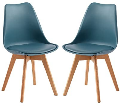 H.J WeDoo 2er Set Küchenstühle Esszimmerstühle Modern Esszimmermöbel, mit Massivholz Buchenholz Bein und Kissen aus PU-Leder, Dunkelblau