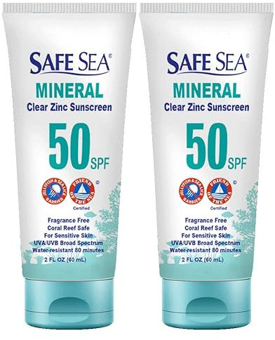 Safe Sea Zinkoxid-Sonnenschutz LSF50 | Klarer Mineralischer Gesichts-Sonnenschutz ohne Weißguss | Anti-Quallen-Stachel-Schutzlotion | Korallenriffsicher | Reisegröße – 60 ml (Pack of 2)