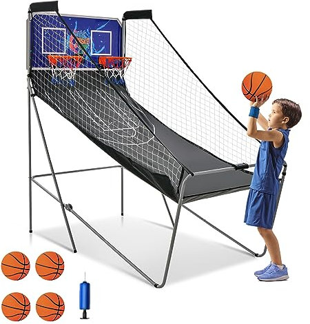 COSTWAY Panier de Basketball Pliable à 2 Panier 4 Balles Pompe de Gonflage, Jeu de Basketball Arcade pour 1 à 4 Joueurs avec Système de Pointage, 8 Modes de Jeux pour Enfants Adultes (Bleu)