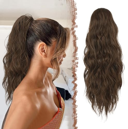 FESHFEN Pferdeschwanz Haarteil mit Kordelzug, 45 cm Wellen Zopf Pferdeschwanz Verlängerung Haare Extension Synthetik Lang Wellig Haarverlängerung für Damen, Braun und hellkastanienbraun gemischt