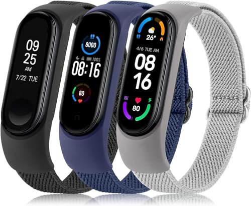 Vancle Bracelet pour Xiaomi Mi Band 4, Xiaomi Mi Band 3, Xiaomi Mi Band 6, Xiaomi Mi Band 5, bracelet de rechange réglable en nylon pour homme et femme (noir/bleu, gris/vert)