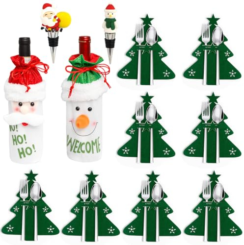12 Pièces Porte Couverts Noël, Sac à Range Couverts Sapin de Noël, Père Noël Le Bonhomme de Neige Sac Vin Noël Pochette Bouteille, Couverture de Vin de Noël, Bouchon de Vin, Deco Table de Noël