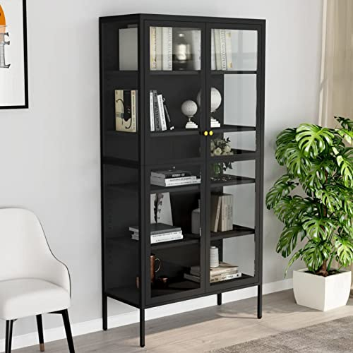 ADWOA Vitrine Anthrazit 90x40x180 cm Stahl und Gehärtetes Glas Vitrine Schrank BüCherregal Vitrinenschrank Glas