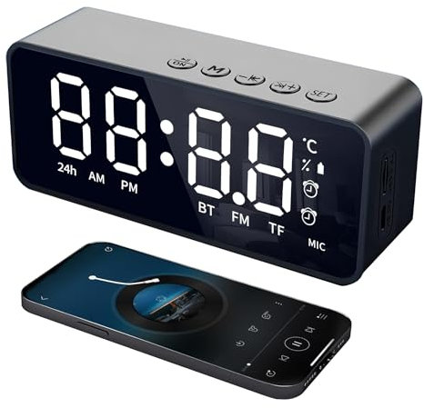 Yuehuamech Digital Alarm Clock with Bluetooth Speaker Desk Clock FM Radio Temp Display Dual Alarm Speaker Clock Small Table Clock for Bedroom Bedside Nightstand Living Room Desktop