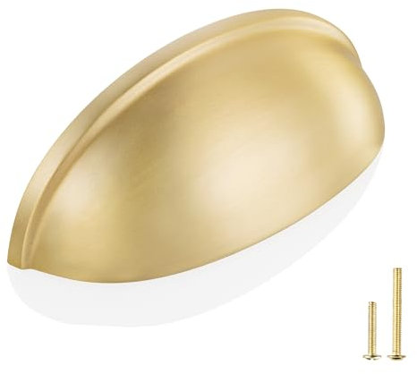 QOGRISUN 2-Pack Solid Brass Cabinet Pulls,Gold Cup Drawer Dresser Handles,3-Inch Hole Center, 3-3/5-Inch Overall Length,Kitchen Cupboard Hardware, Brushed Brass Finish