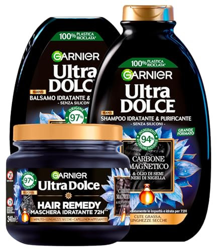 Garnier Ultra Dolce Shampoo + Balsamo + Maschera Idratante Purificante per Capelli con Cute Grassa e Lunghezze Secche Carbone Magnetico e Olio di Semi Neri di Nigella Vegan Naturale - 3 Prodotti