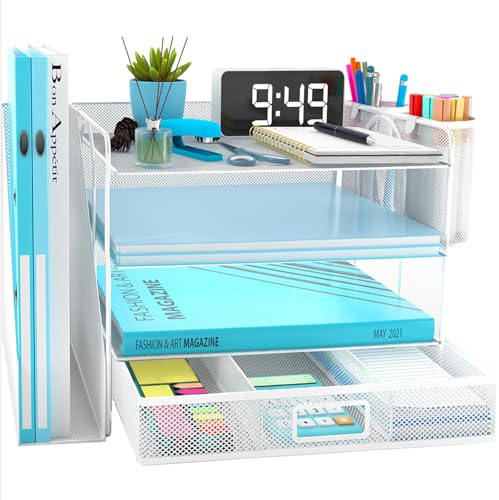 Schreibtisch Organizer mit Aktenhalter, 4 Ebenen Papier Briefablage mit Schublade und 2 Stifthalter, Netz Schreibtisch Ablagefächer Organiser mit Zeitschriftenhalter für Bürobedarf Dokumentenablage