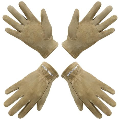 HANDLANDY 2 Pairs Kids Genuine Leather Work Gloves for ages 3-11, Children Gardening Gloves for Boys, Girls (L, for age 8-11, Khaki)