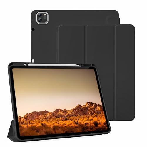 KVTVOU Hülle für iPad Pro 12,9 Zoll 2022 2021 2020 mit Stifthalter zum Aufladen, Präzise Passform Kameraschutz Auto Wachen/Schlafen, Weiche TPU Hülle für iPad Pro 12.9 6./5./4. Generation, Schwarz