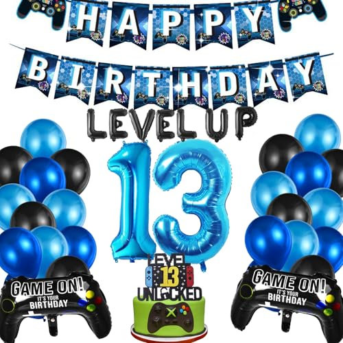 YOUYIKE Videospiel 13. Geburtstag Dekorationen - 32 Stück Luftballon, Cupcake Topper, Gamer Deko für Kinder Thema Party Zubehör