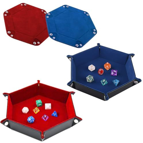FANXIYA 2 Stück Würfelbretter Leder Würfelteller Hexagon Würfelunterlage Faltendes Würfeltablett Samt Würfelschale Doppelseitig Würfelmatte für Dungeons und Dragons RPG DND usw (Rot+Blau)