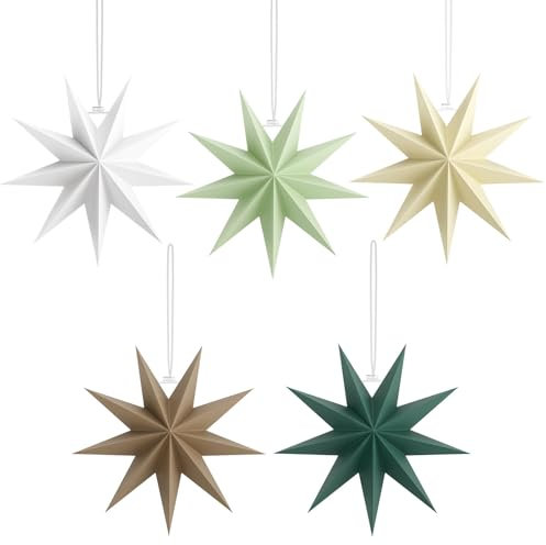 Yomisee Papiersterne Weihnachten 5 Stück, 30cm Faltstern Weihnachten, 9 Zacken Papier Stern zum Aufhängen Weihnachtsstern Deko zum Fenster Weihnachtsbaum