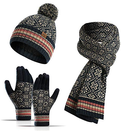 BrightGlow Winter Mützen Schal und Handschuhe Set Strickset Schal Mütze Touchscreen Handschuhe Set Winter 3 In 1 Mütze Schal & Handschuh-Sets Gestrickt Geschenkset Herren Damen Blau Einheitsgröße