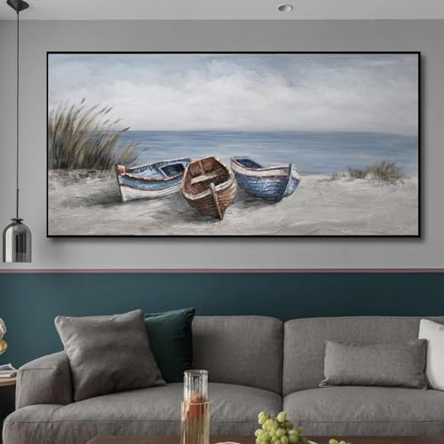 CHAOJIART Ölgemälde mit 3 Booten, Druck auf Leinwand, nordisches Poster, abstraktes Küstenstrandschiff, Bilder für Wohnzimmer, Zuhause, Wandkunst, dekorativ, 60 x 120 cm, rahmenlos