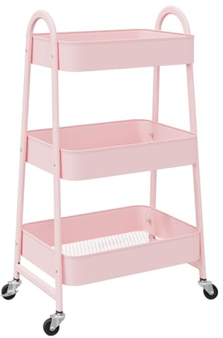vidaxl pink 3-tier steel storage trolley/cart - rolling organizer for kitchen/bathroom/office - 42x41.5x77 cm with lockable wheels and ergonomic handles