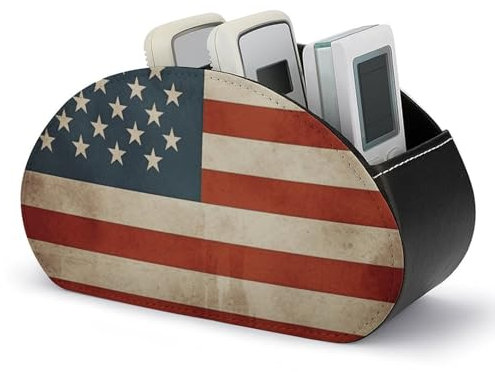 JTREHY PU-Leder-Fernbedienungshalter, Vintage-amerikanische USA-Flagge, bedruckt, Schreibtisch-Caddy-Aufbewahrung mit 5 Fächern, passend für TV-Fernbedienungen, Medien-Controller, Bürobedarf,