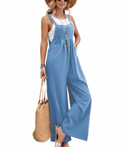Salopette da donna – Oversize Baggy Jumpsuit, Comodi Salopette Loose Fit Tuta Casual Estivi con Spalline, Azzurro, L