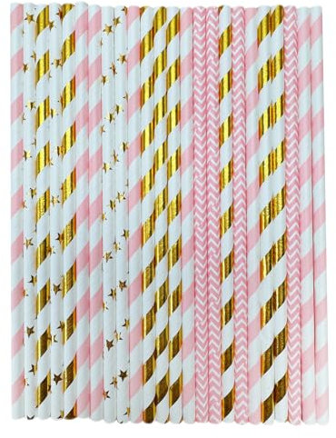 YAOSHENG [100 Count] Paper Drinking Straws 100% Biodegradable Multi-Pattern Party Straws for Birthday, Wedding, Bridal,and More - Formerly Comfy Package (Pink Gold)