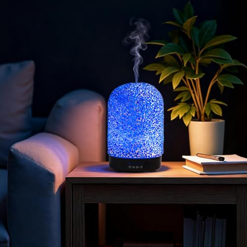 VOREEN Essential Oil Diffuser Handmade Mosaic Glass – 100ml Aroma Humidifier with 6-Color LED Light, Timer & Auto Shut-Off – Quiet Aromatherapy Diffusers for Home, Office, Gifts