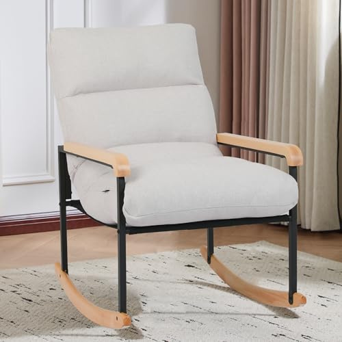 Mingone Holz-Schaukelstuhl mit gepolstert weiß | Relax Stuhl Sessel | Wohnzimmersessel Lounge für Schlafzimmer, Wohnzimmer 120kg