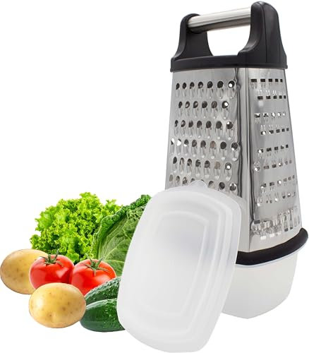 mucHome 4-seitige Küchenreibe Edelstahl mit Behälter, Vierkantreibe Reibe Käsereibe Gemüsereibe vielseitige Reibe für Gemüse und Käse, Grobes, Feines, Julienne und Hobel